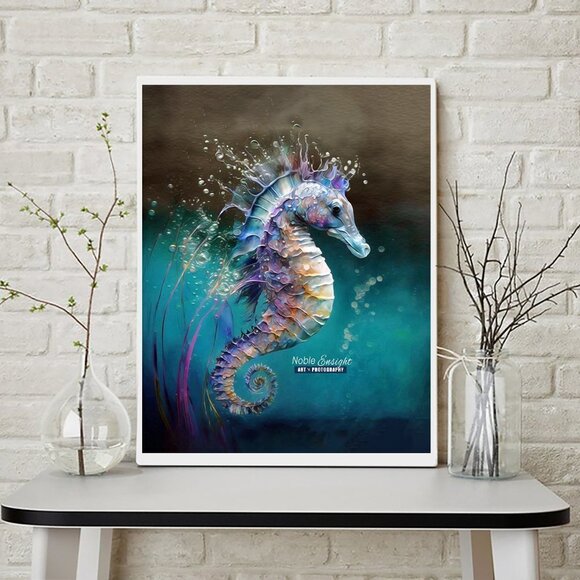 NobleCaptures Other - 11x14 Seahorse Fish Aquatic Sealife Watercolor Oil Painting Fantasy Art Print‎